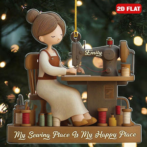 Personalized 2d Flat Name Sewing Girl Christmas Ornament, My Sewing Space Is My Happy Place Xmas Decor, Sewing Machine Ornament, Sewing Gift