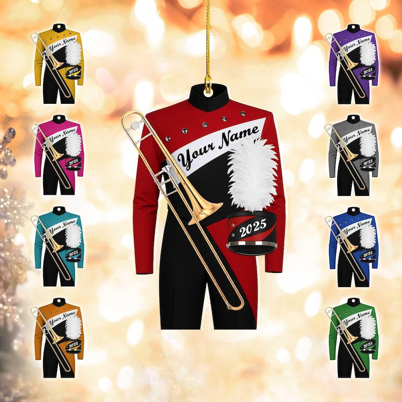 Custom Marching Band Trombone Ornament, High School Band Uniform Music Team Instrument Christmas Gift