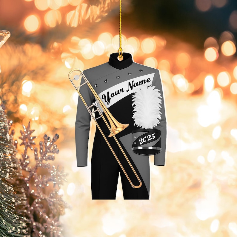 Custom Marching Band Trombone Ornament, High School Band Uniform Music Team Instrument Christmas Gift