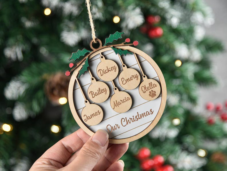 Personalized Family and Pet Ornament, Christmas Tree Wooden Ornament,Family Christmas Ornament 2025, People & Paw Print Combo, Holiday Decor