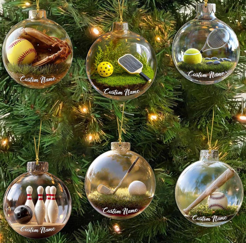 Custom 2D Flat Sports Ball Christmas Ornament Set Custom Name Acrylic Ornament for Baseball, Tennis, Golf, Bowling, and Pickleball Players
