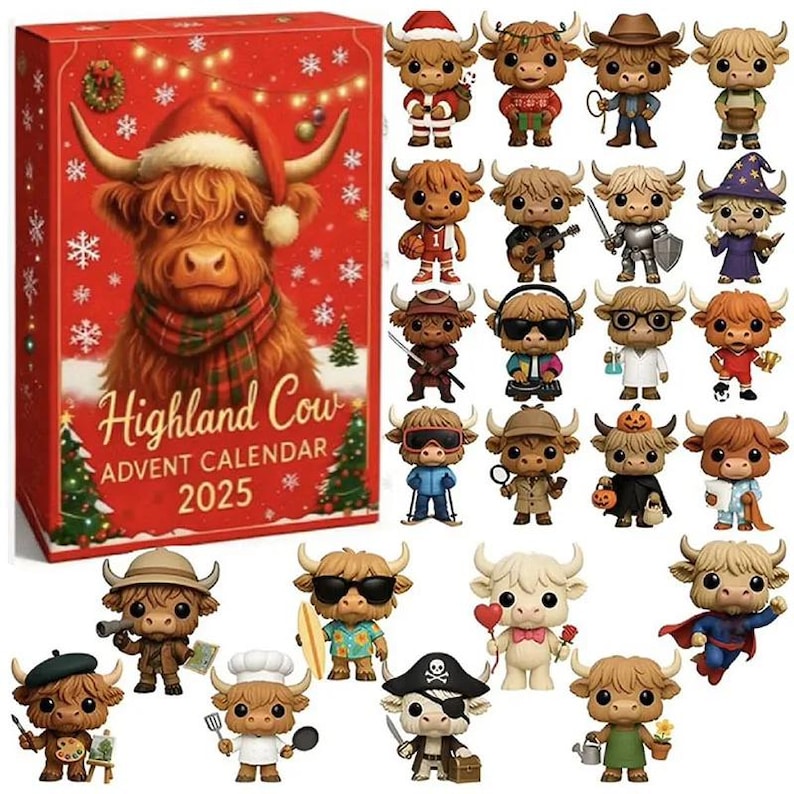 Highland Cow Advent Calendar 2025, 24 Day Scottish Cattle Figurines, Cute Farm Animal Christmas Decor, Unique Cow Lover Gift