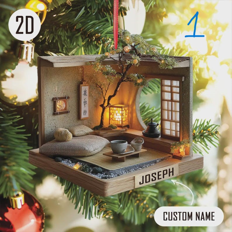 Zen Tea Room Ornament 2025, Japanese Minimalist Miniature, Personalized Christmas Gift For Relaxation Lover