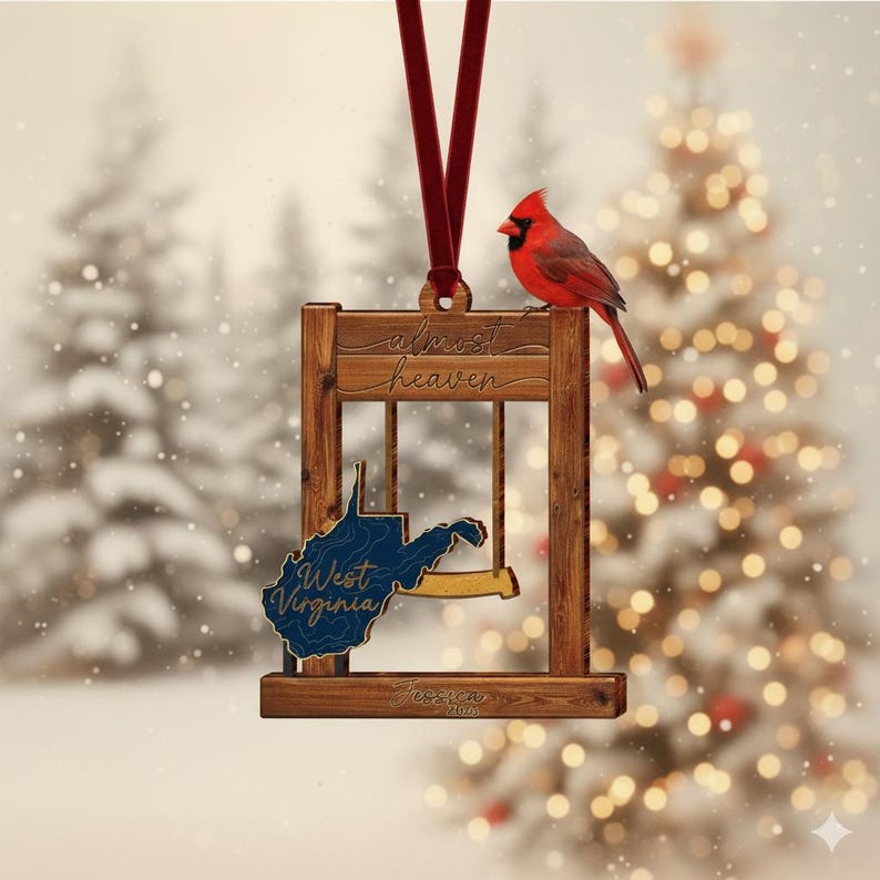 WV Almost Heaven Swing Acrylic Ornament,West Virginia Home Decor,West Virginia Ornament,WV Lover, West Virginia State Ornament,Cardinal Gift