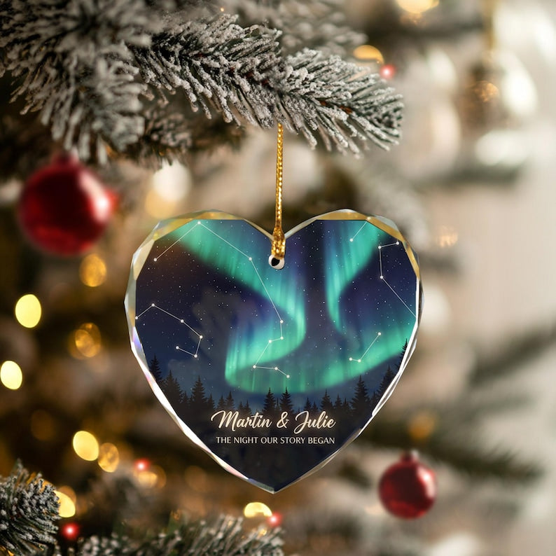 Personalized Northern Lights Glass Ornament - Custom Couple Heart Keepsake