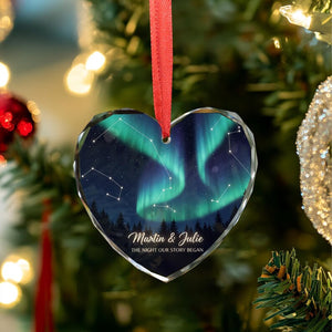 Personalized Northern Lights Glass Ornament - Custom Couple Heart Keepsake