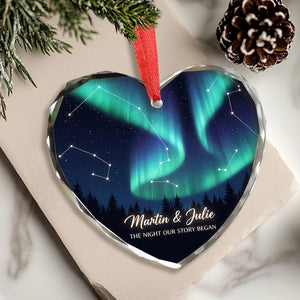 Personalized Northern Lights Glass Ornament - Custom Couple Heart Keepsake