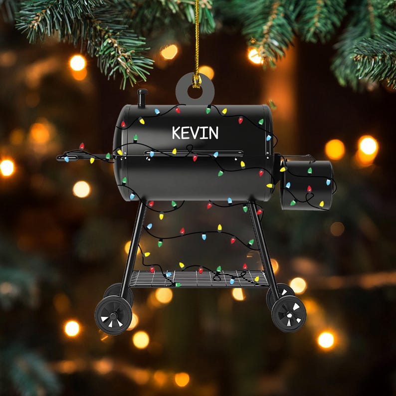 Custom Smoker BBQ Acrylic Ornament, Bbq Christmas Lights Flat Ornament, Camping Bbq Grill Ornament, Bbq Smoker Gift, Grilling Party Gift