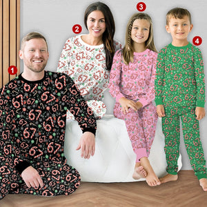 Funny 67 Candy Cane Christmas Pajama Set, 67 Six Seven Christmas Sleepwear, Six Seven Meme Christmas Pajamas, Trending 67 Holiday Pajamas
