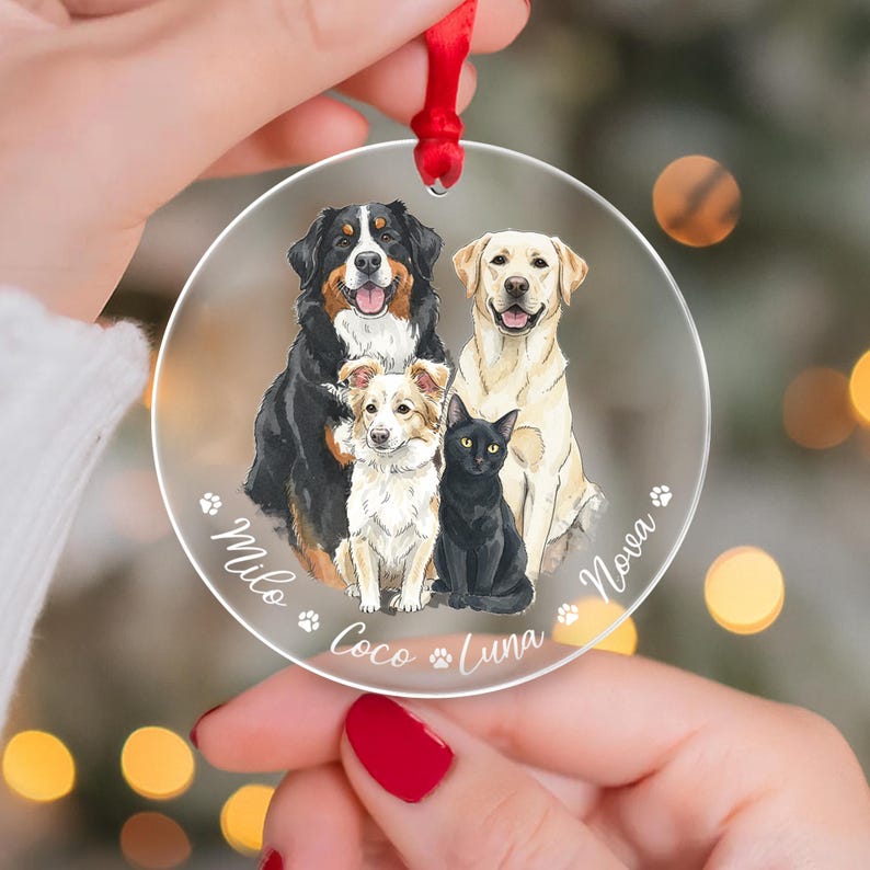 Hand-Painted Pet Portrait From Photos Ornament, Family Portrait with Pet Christmas Keepsake