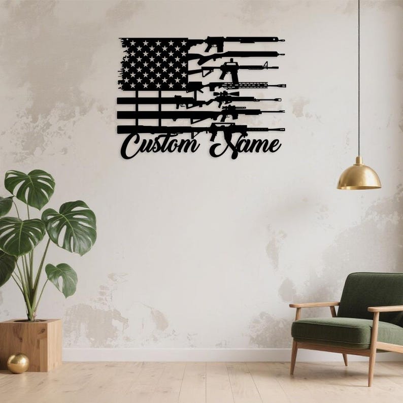 Personalized American Flag & Guns Metal Sign, USA 250th Anniversary Gift, Custom Name Patriotic Wall Art, 2nd Amendment Decor, 4th of July Gift, Gun Lover Gift, Gun sign