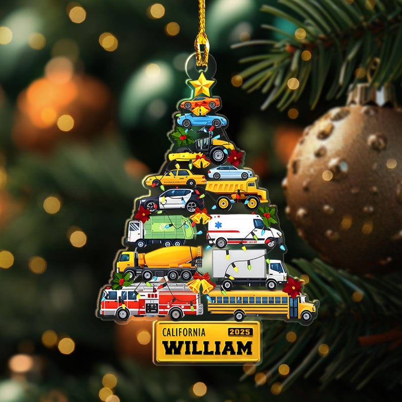 Personalized Truck Ornament, Custom Vehicle Christmas Tree, For Boy Xmas Gift, Son Grandson Keepsake, Fire Truck School Bus Police Car Decor
