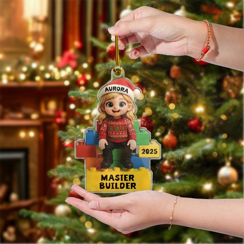 Master Builder Personalized Ornament 2025, Custom Acrylic Christmas Ornament for Kids, Lego Style Ornament Gift for Boys or Girls