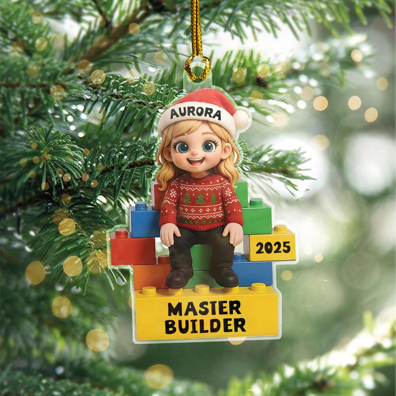 Master Builder Personalized Ornament 2025, Custom Acrylic Christmas Ornament for Kids, Lego Style Ornament Gift for Boys or Girls