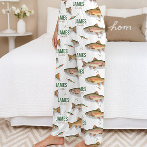 Personalized Trout Fishing Lounge Pants Custom Name Pajama Bottoms, Unique Fisherman Gift
