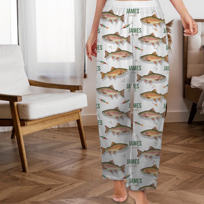 Personalized Trout Fishing Lounge Pants Custom Name Pajama Bottoms, Unique Fisherman Gift