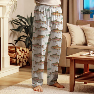 Personalized Trout Fishing Lounge Pants Custom Name Pajama Bottoms, Unique Fisherman Gift