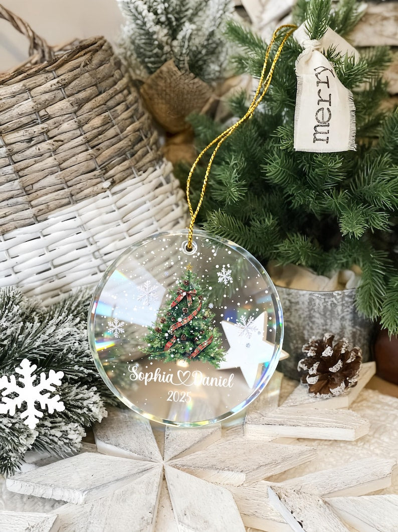 Personalized Christmas Tree Ornament, 2025 Couple Christmas Ornament, Glass Snowflake Holiday Keepsake, Wedding Ornaments, Newlywed Gifts