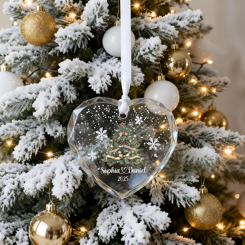 Personalized Christmas Tree Ornament, 2025 Couple Christmas Ornament, Glass Snowflake Holiday Keepsake, Wedding Ornaments, Newlywed Gifts