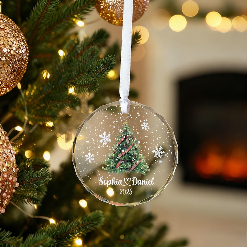Personalized Christmas Tree Ornament, 2025 Couple Christmas Ornament, Glass Snowflake Holiday Keepsake, Wedding Ornaments, Newlywed Gifts
