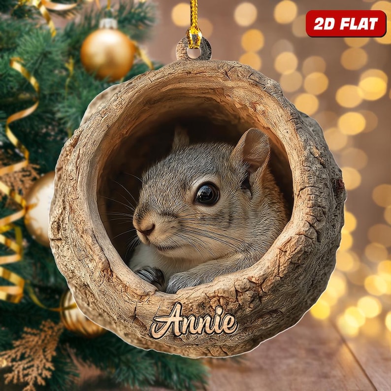 Personalized Name Woodland Squirrel Ornament, 2d Flat Rustic Animal Christmas Home Decor, Forest Wildlife Gift, Nature Rustic Tree Hanging