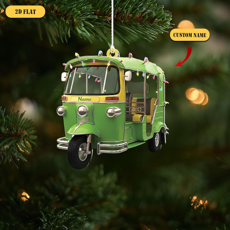 Personalized Tuk Tuk Acrylic Ornament, Custom Name Thai Auto Rickshaw Christmas Decoration, 2D Flat Holiday Gift for Travelers & Asia Lovers