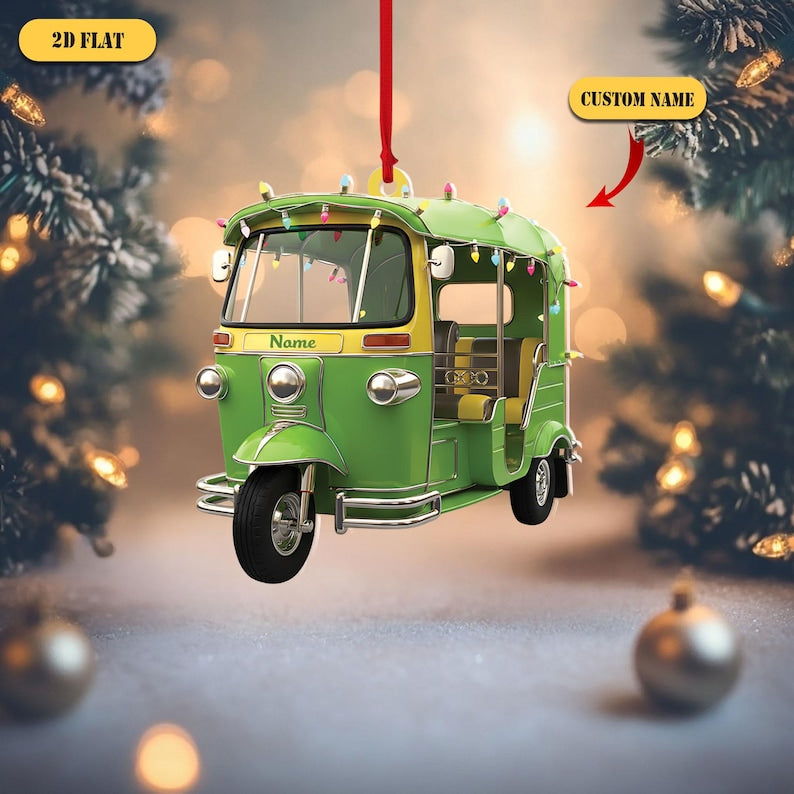 Personalized Tuk Tuk Acrylic Ornament, Custom Name Thai Auto Rickshaw Christmas Decoration, 2D Flat Holiday Gift for Travelers & Asia Lovers