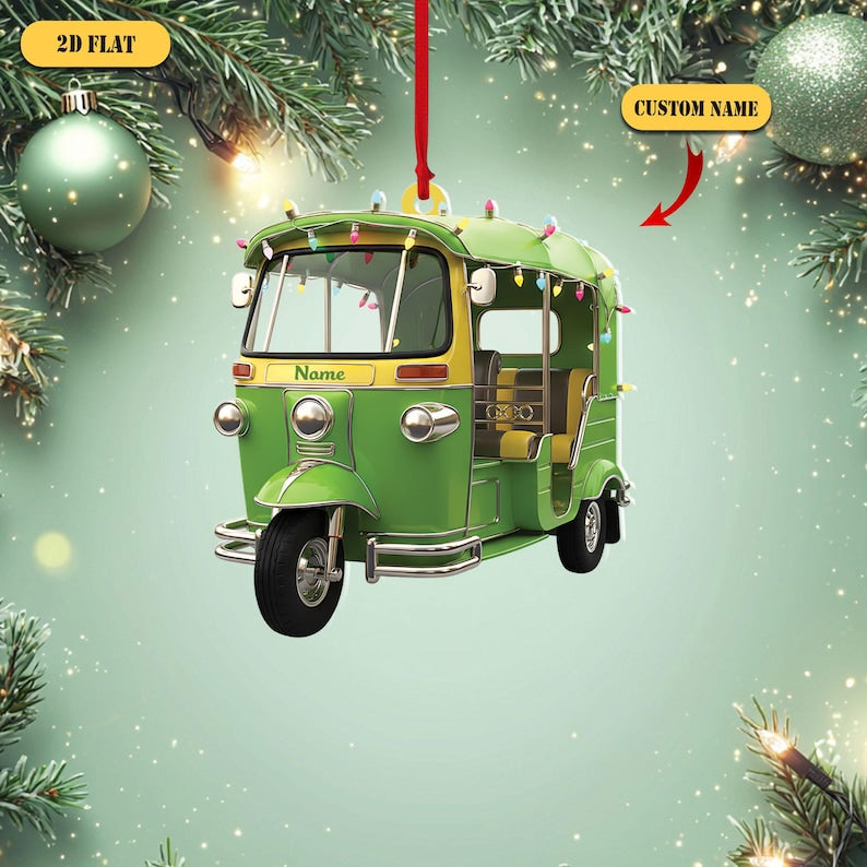 Personalized Tuk Tuk Acrylic Ornament, Custom Name Thai Auto Rickshaw Christmas Decoration, 2D Flat Holiday Gift for Travelers & Asia Lovers