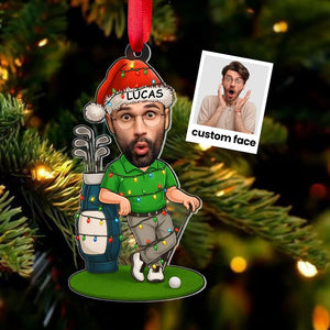 Personalized Golf Christmas Ornament Custom Face Golfer Ornament with Santa Hat & Holiday Lights, Funny Gift for Golf Lovers