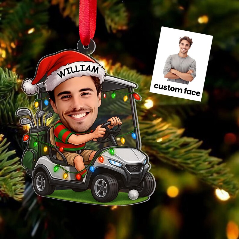 Personalized Golf Christmas Ornament Custom Face Golfer Ornament with Santa Hat & Holiday Lights, Funny Gift for Golf Lovers
