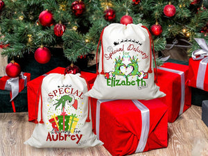 The Grinchy Christmas Sacks Family Matching Santa Sacks , Personalized Funny Stockings , Cousin Matching Grinchy Christmas gifts Large Bag.