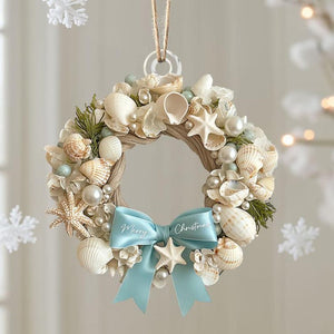 Coastal Christmas wreath 2D Ornament, Aqua Crushed Glass, Shells, Starfish, Beachy Xmas Keepsake, Crushed Shells Holiday Decoration