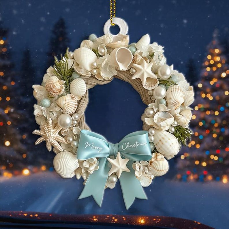 Coastal Christmas wreath 2D Ornament, Aqua Crushed Glass, Shells, Starfish, Beachy Xmas Keepsake, Crushed Shells Holiday Decoration