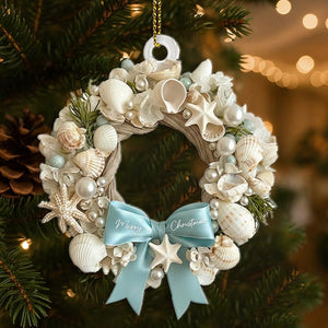 Coastal Christmas wreath 2D Ornament, Aqua Crushed Glass, Shells, Starfish, Beachy Xmas Keepsake, Crushed Shells Holiday Decoration