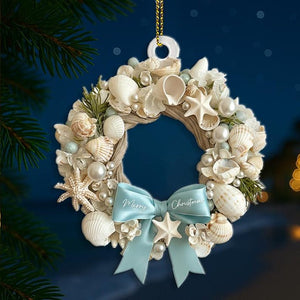 Coastal Christmas wreath 2D Ornament, Aqua Crushed Glass, Shells, Starfish, Beachy Xmas Keepsake, Crushed Shells Holiday Decoration
