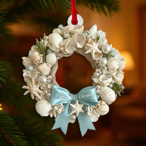 Coastal Christmas wreath 2D Ornament, Aqua Crushed Glass, Shells, Starfish, Beachy Xmas Keepsake, Crushed Shells Holiday Decoration