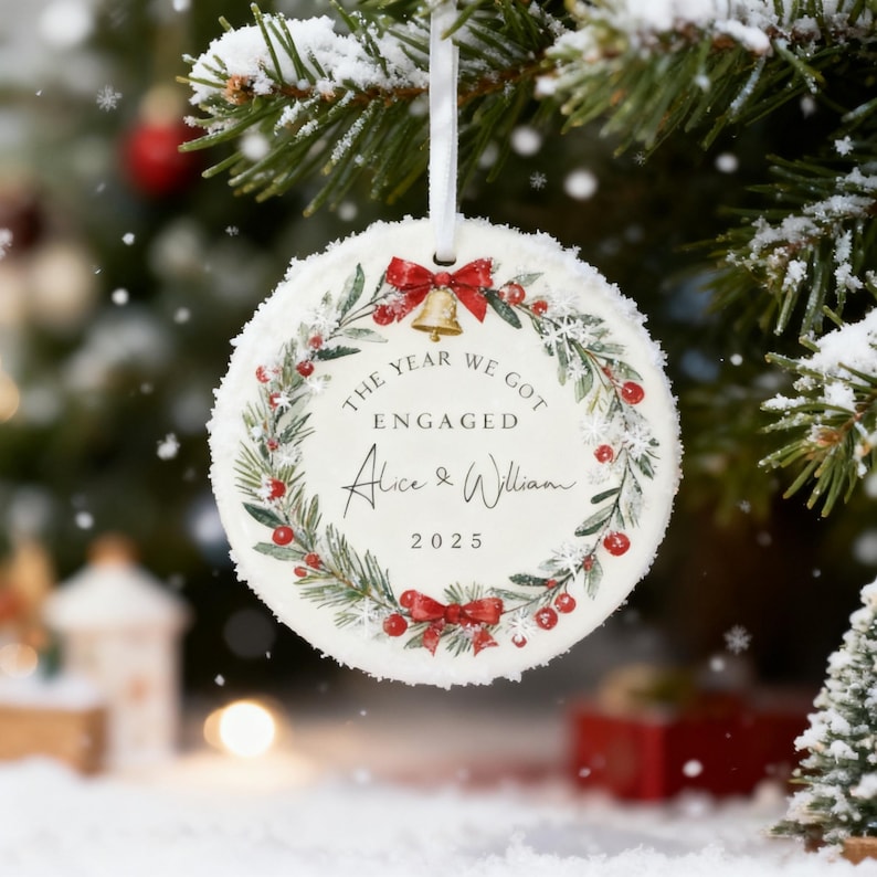 Personalized Engagement Ceramic Ornament 2025, The Year We Got Engaged Christmas Ornament, Custom Couple Name Keepsake Gift