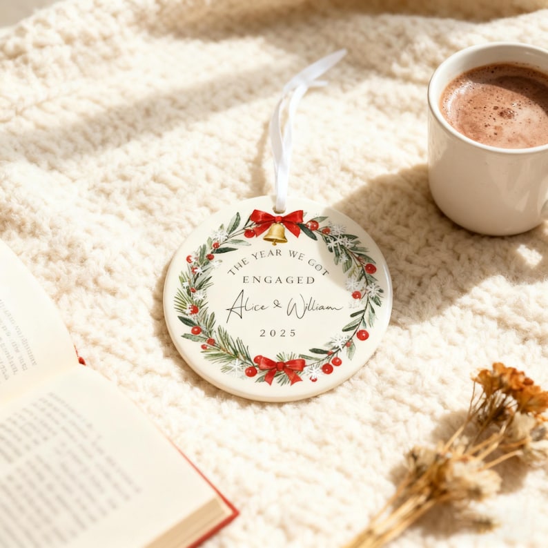 Personalized Engagement Ceramic Ornament 2025, The Year We Got Engaged Christmas Ornament, Custom Couple Name Keepsake Gift