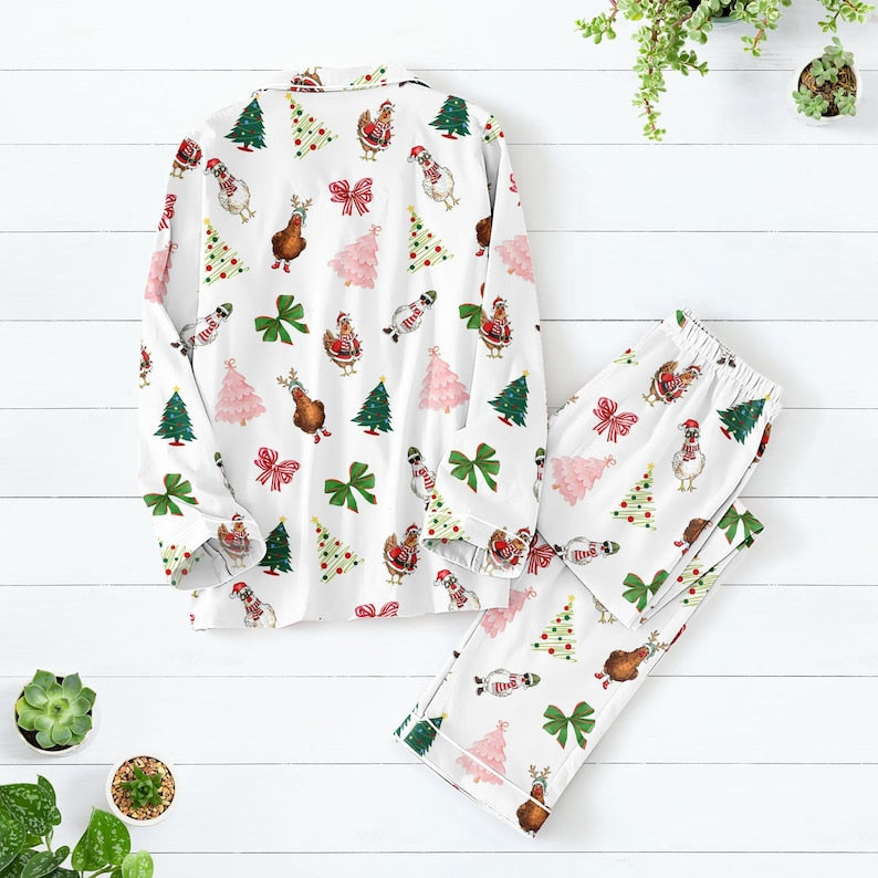Chicken Christmas Tree Pajamas Set, Merry Christmas Bows Holiday Pajamas, Animals Xmas Pjs For Women Kids, Funny Farmer Loungewear Gift
