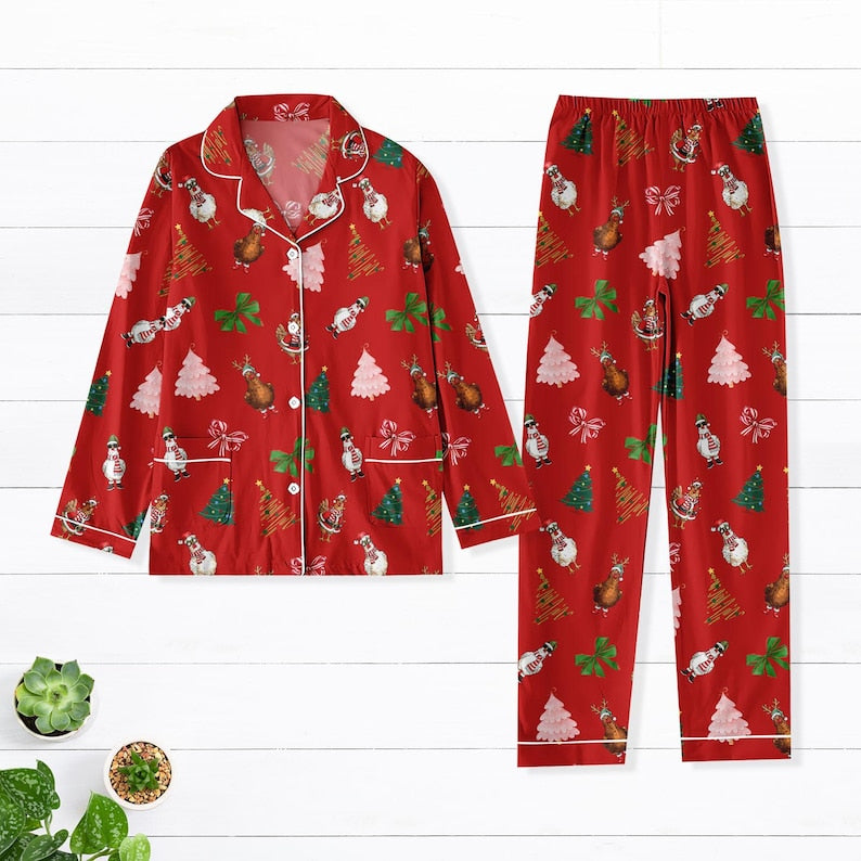 Chicken Christmas Tree Pajamas Set, Merry Christmas Bows Holiday Pajamas, Animals Xmas Pjs For Women Kids, Funny Farmer Loungewear Gift