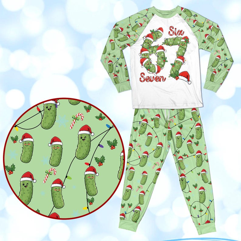 Matching 67 Pickle Christmas PJs, Funny 6 7 Meme Sleepwear, Ugly Xmas Gift for Family, Viral Pajamas Set, Christmas Pickle Gift Pajamas