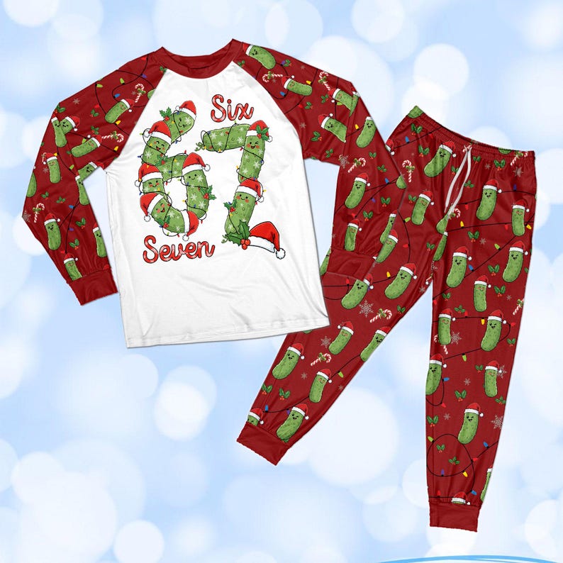 Matching 67 Pickle Christmas PJs, Funny 6 7 Meme Sleepwear, Ugly Xmas Gift for Family, Viral Pajamas Set, Christmas Pickle Gift Pajamas