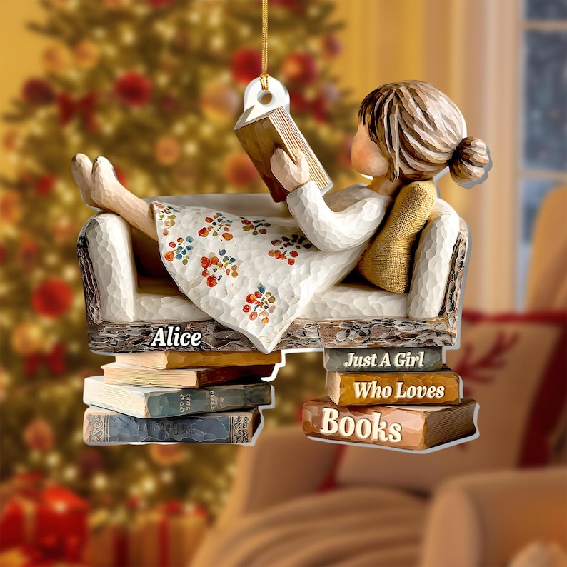 Book Lover Ornament, Reading Girl Decor, Personalized Acrylic Christmas Gift, 2D FLAT Ornament