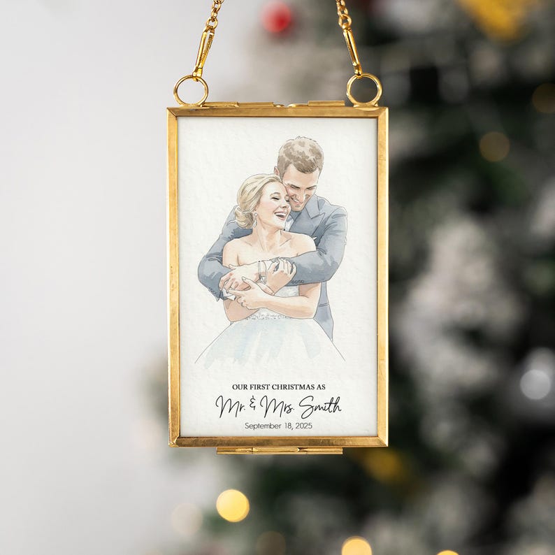 Personalized Watercolor Portrait Married Frame Ornament, 1st Christmas Wedding Photo Gifts for Newlywed