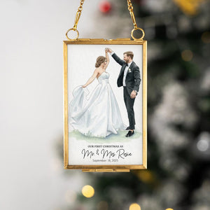 Personalized Watercolor Portrait Married Frame Ornament, 1st Christmas Wedding Photo Gifts for Newlywed