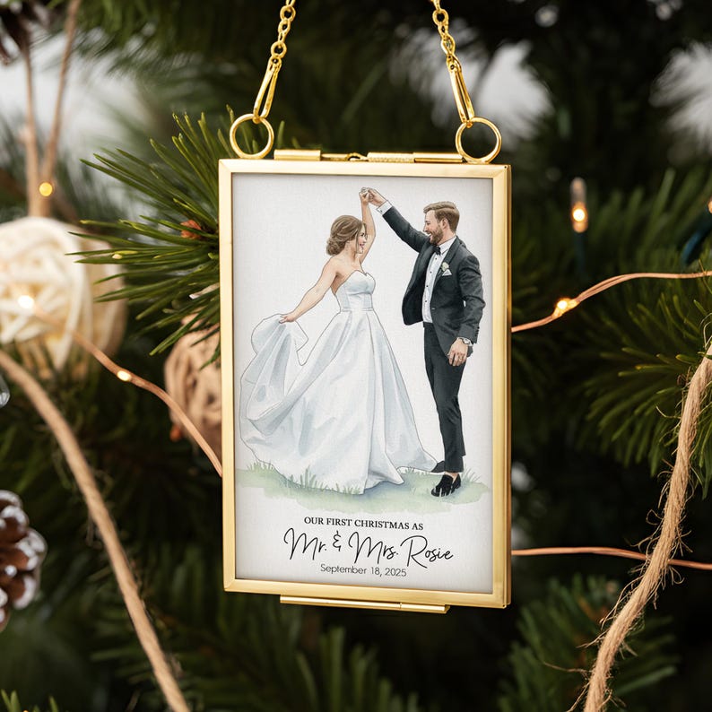 Personalized Watercolor Portrait Married Frame Ornament, 1st Christmas Wedding Photo Gifts for Newlywed