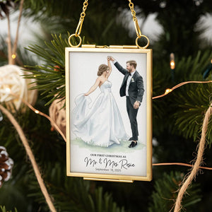 Personalized Watercolor Portrait Married Frame Ornament, 1st Christmas Wedding Photo Gifts for Newlywed