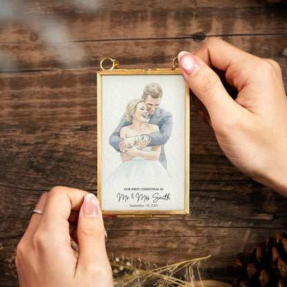 Personalized Watercolor Portrait Married Frame Ornament, 1st Christmas Wedding Photo Gifts for Newlywed