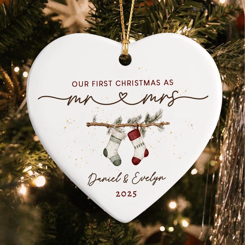 First Married Christmas Ornament 2025, Personalized Our First Christmas As Mr & Mrs Ornament, Married Ornament, Heart Shape Wedding Ornament