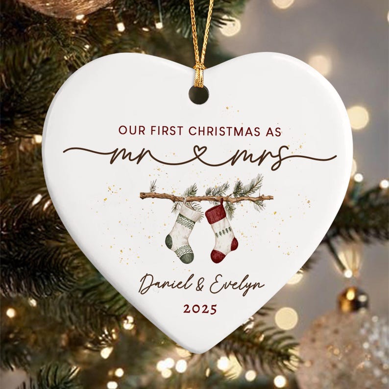First Married Christmas Ornament 2025, Personalized Our First Christmas As Mr & Mrs Ornament, Married Ornament, Heart Shape Wedding Ornament